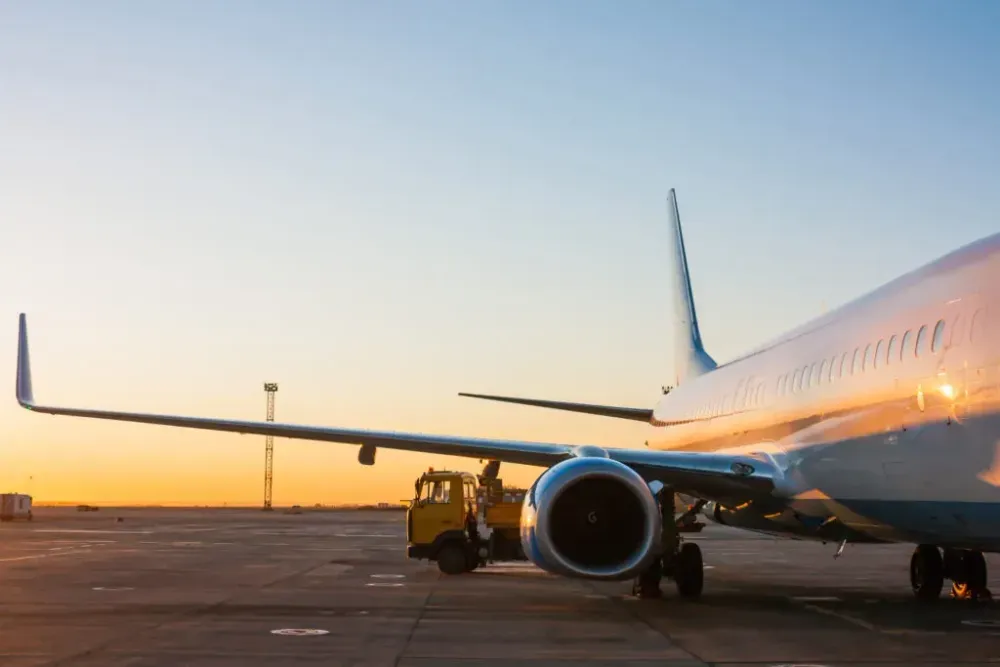 Airplane on tarmac early in the morning